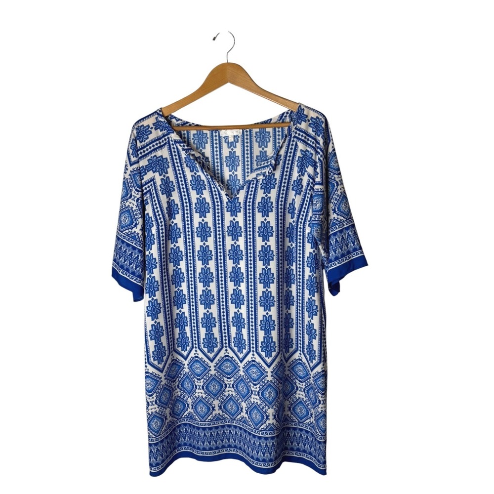 Glam Tunic Dress Women Medium Blue White NWT Geometric Raglan V Neck Mini Boho - Picture 2 of 11